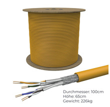 Gelbes Datenkabel auf Spule mit technischen Details zu Durchmesser, Höhe und Gewicht.