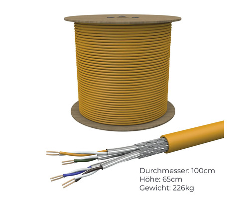 Gelbes Datenkabel auf Spule mit technischen Details zu Durchmesser, Höhe und Gewicht.