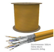 Gelbes Datenkabel auf Holzspule mit offenem Kabelende