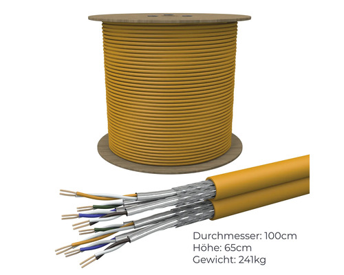 Gelbes Datenkabel auf Holzspule mit offenem Kabelende