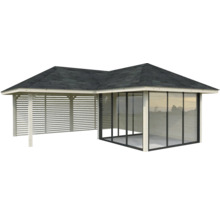 Pavillon en bois avec parois coulissantes en verre et paroi à lamelles