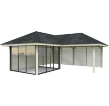 Pavillon de jardin avec parois en verre et parois à lamelles
