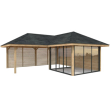 Pavillon en bois avec paroi en verre et paroi à lamelles