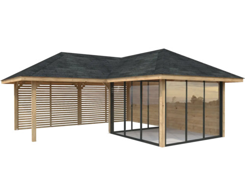Pavillon en bois avec paroi en verre et paroi à lamelles
