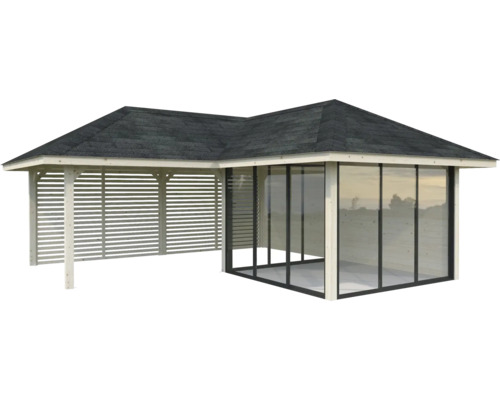 Abri de jardin avec paroi à lamelles et façade en verre
