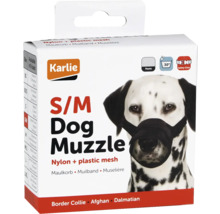 Muselière pour chien Karlie en nylon et maille plastique, taille S/M, présentée sur l''emballage avec un dalmatien