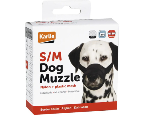 Muselière pour chien Karlie en nylon et maille plastique, taille S/M, présentée sur l''emballage avec un dalmatien