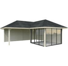 Maison de jardin en bois avec façade en verre et carton bitumé