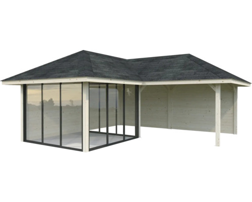 Pavillon en bois avec façade en verre et toit à deux pentes