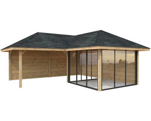 Pavillon de jardin en bois avec parois en verre et bardeau bitumé
