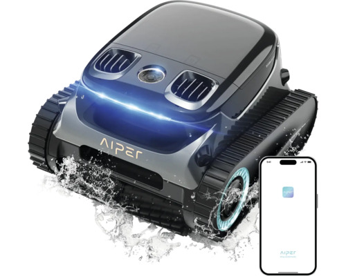 Logo Aiper sur un robot de nettoyage de piscine avec chenilles et application pour smartphone