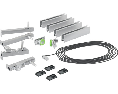 Kit de quincaillerie pour porte coulissante avec rails, suspensions, roulettes et accessoires