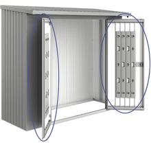 Metall Gerätehaus mit Doppeltür im geöffneten Zustand
