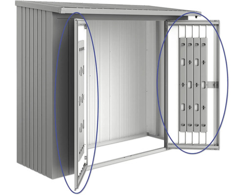Metall Gerätehaus mit Doppeltür im geöffneten Zustand