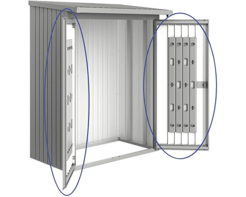 Metall Gerätehaus mit geöffneten Türen
