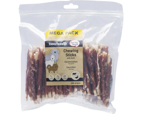 Friandises pour chiens beeztees bâtonnets à mâcher au canard Megapack 12,5cm 100 pces article à mâcher Sachet de bâtonnets à mâcher Beetztees au canard pour chiens, méga pack, 100 pièces