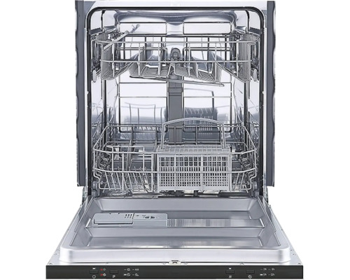 Geöffneter Geschirrspüler mit Innenraum aus Metall, Geschirrkörben und Bedienfeld