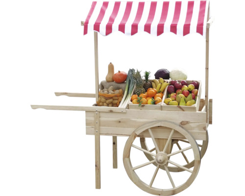 Holzverkaufsstand mit Obst und Gemüse unter gestreifter Markise