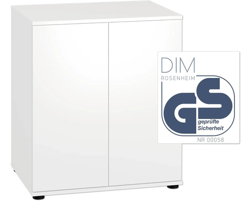 Meuble de salle de bain blanc avec deux portes et label GS pour sécurité contrôlée