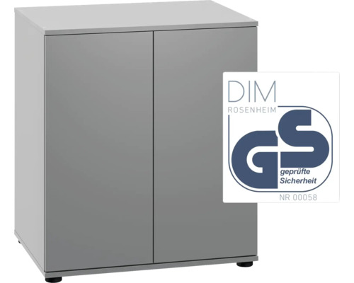 Armoire de salle de bain grise avec deux portes et sigle GS pour sécurité contrôlée