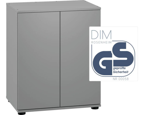 Meuble bas gris avec deux portes et label GS de sécurité contrôlée