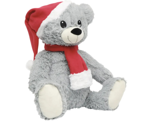 Ours en peluche gris avec bonnet de Noël et écharpe