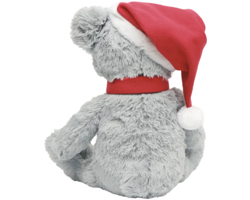 Ours en peluche gris avec bonnet de Noël rouge et ruban rouge
