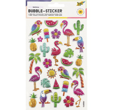 Tropische Blasenaufkleber mit Motiven wie Papagei, Flamingo, Wassermelone, Kaktus, Eis, Blüte, Ananas, Palme, Tukan und Sonne