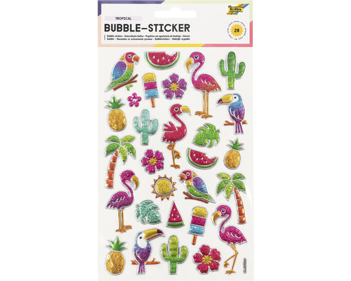 Tropische Blasenaufkleber mit Motiven wie Papagei, Flamingo, Wassermelone, Kaktus, Eis, Blüte, Ananas, Palme, Tukan und Sonne