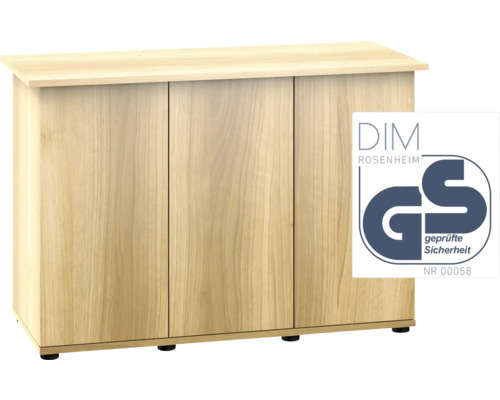 Holzfarbener Unterschrank mit drei Türen und GS Zeichen für geprüfte Sicherheit