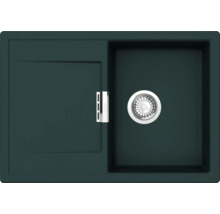 Dunkelgrüne Küchenspüle aus Granit mit Abtropffläche und Siebkorbventil