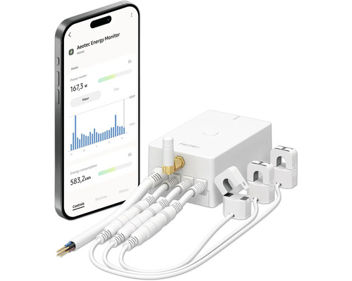 Aeotec Energy Monitor mit Smartphone-App zur Energieüberwachung.