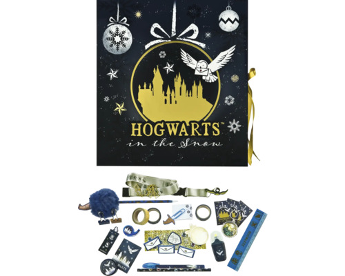 Calendrier de l''Avent Harry Potter avec divers accessoires sur le thème de Poudlard sous la neige