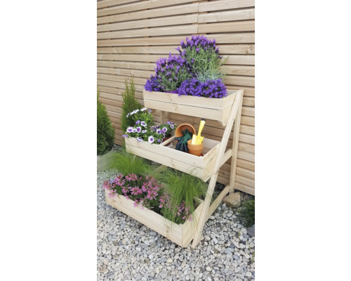 Escalier à plantes avec bacs en bois 80 x 75 x 100 cm crème Étagère à plantes à trois niveaux en bois avec fleurs et outils de jardinage