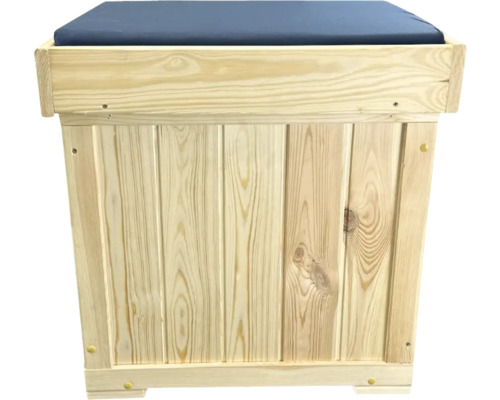 Holzhocker mit blauem Sitzkissen