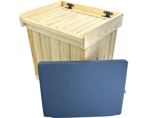 Holzkiste mit Deckel und blauer Polsterauflage