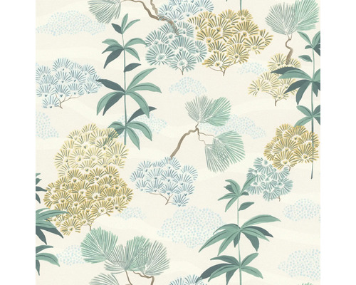 Papier peint intissé 792515 Allegretto feuilles turquoise Papier peint avec motif de plantes et de nuages
