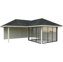 Pavillon en bois avec façade en verre et toit