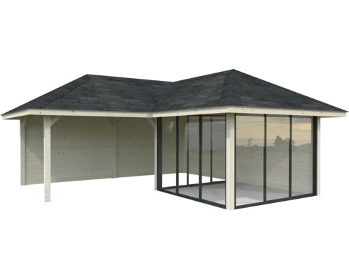 Pavillon en bois avec façade en verre et toit
