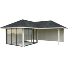 Abri de jardin en bois avec façade en verre et toit