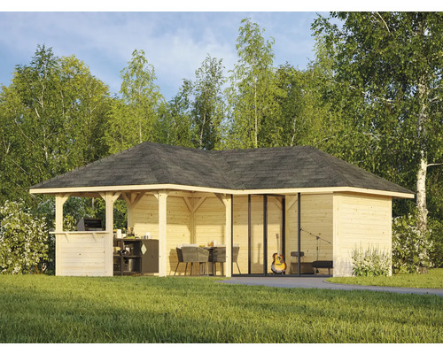 Pavillon en bois avec barbecue, table à manger et guitare dans le jardin