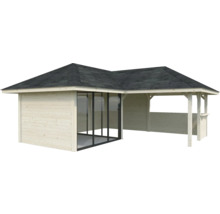 Maison de jardin en bois avec porte coulissante en verre et toit