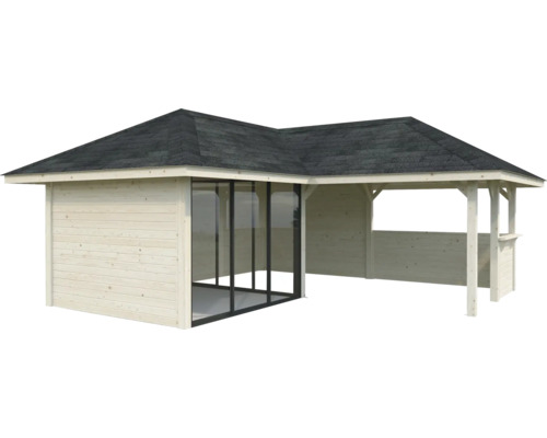 Maison de jardin en bois avec porte coulissante en verre et toit