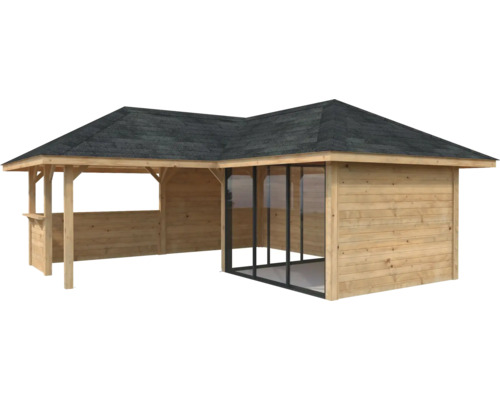 Pavillon de jardin en bois avec toit et éléments en verre
