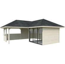 Abri de jardin avec terrasse couverte et portes coulissantes en verre