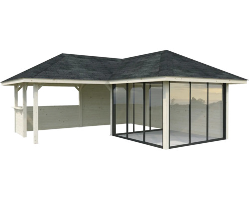 Pavillon en bois avec paroi coulissante en verre et toit