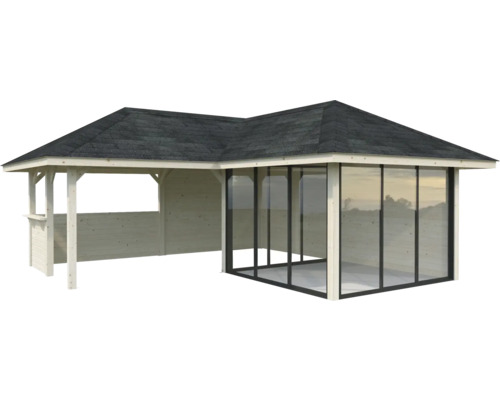 Pavillon de jardin en bois avec paroi en verre et toit