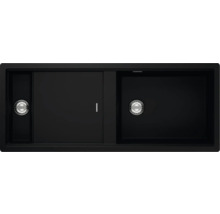 Schwarzes Spülbecken mit Abtropffläche und zwei Becken