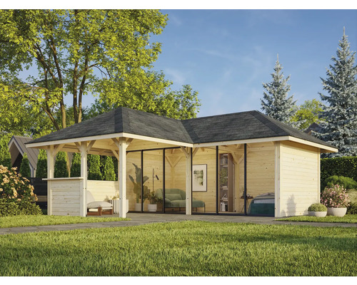 Maison de jardin en bois avec toit et coin salon dans le jardin