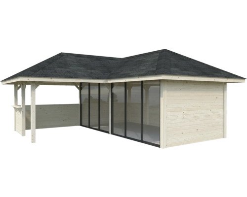 Abri de jardin en bois avec façade en verre et toit foncé